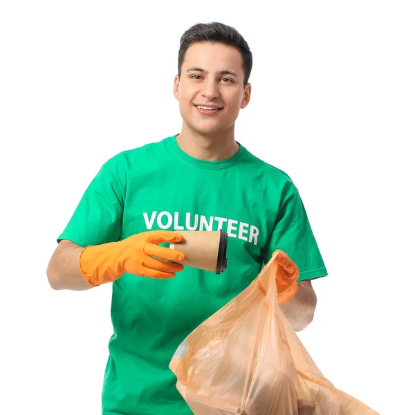 Male Volunteer Garbage Bag White Background — Stock Photo, Image