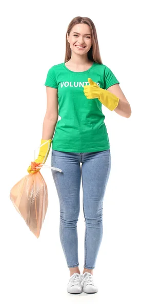 Female Volunteer Garbage Bag Showing Thumb White Background — Stockfoto