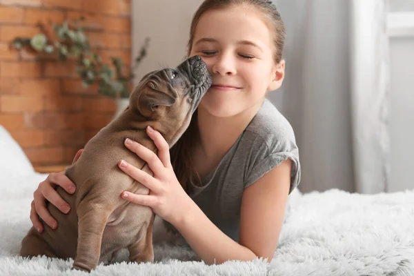 Cute Girl Puppy Home — Stock Photo, Image