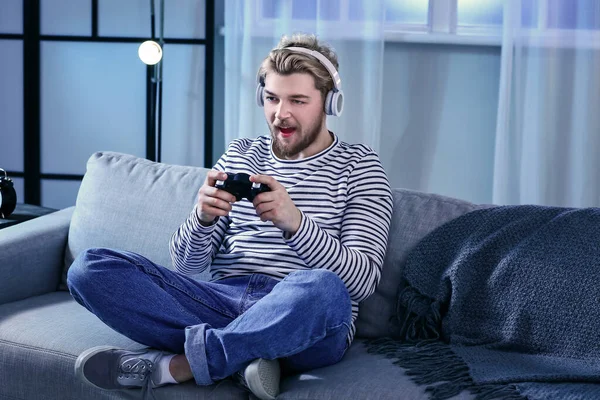Young Man Playing Video Game Home Late Evening Concept Addiction — Stock Photo, Image