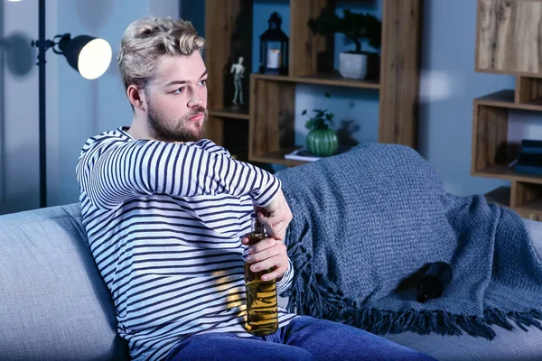 Young Man Drinking Beer While Watching Night Concept Addiction — Stock Photo, Image