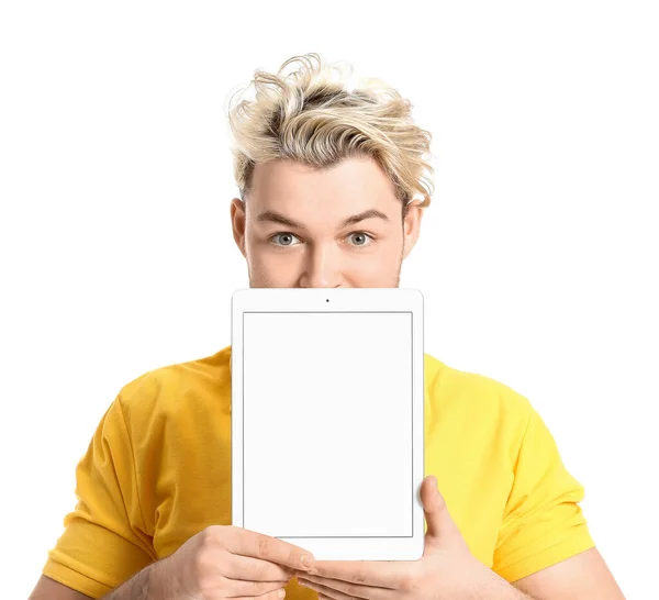 Young Man Tablet Computer White Background — Stock Photo, Image