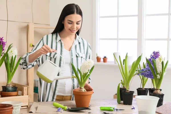 Female Gardener Taking Care Plants Home — Stock Photo, Image