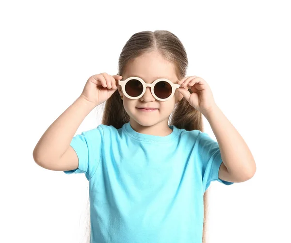 Cute Little Girl Wearing Stylish Sunglasses White Background — Stock Photo, Image