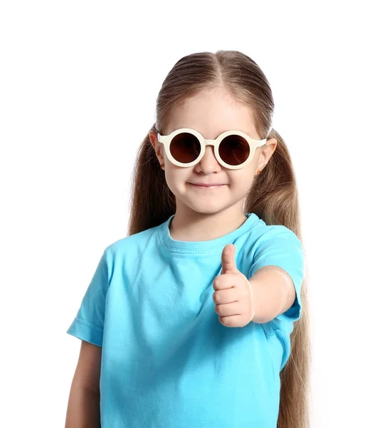 Cute Little Girl Wearing Stylish Sunglasses Showing Thumb White Background — Stock Photo, Image