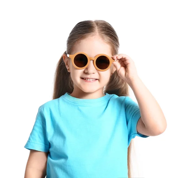 Cute Little Girl Wearing Stylish Sunglasses White Background — Stockfoto