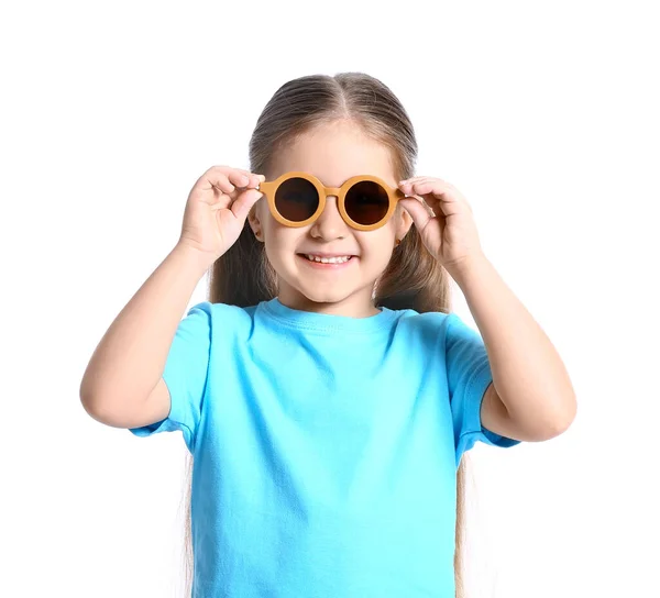 Cute Little Girl Wearing Stylish Sunglasses White Background — Stockfoto