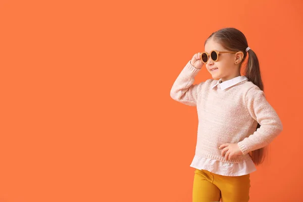 Cute Little Girl Wearing Stylish Sunglasses Color Background — Stock Photo, Image