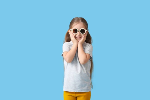 Cute Little Girl Wearing Stylish Sunglasses Color Background — Stock Photo, Image