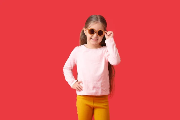 Cute Little Girl Wearing Stylish Sunglasses Color Background — Stock Photo, Image