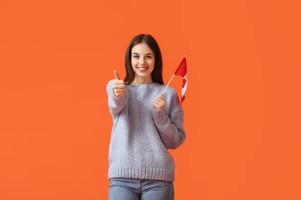 Beautiful Young Woman Canadian Flag Showing Thumb Color Background — Stock Photo, Image