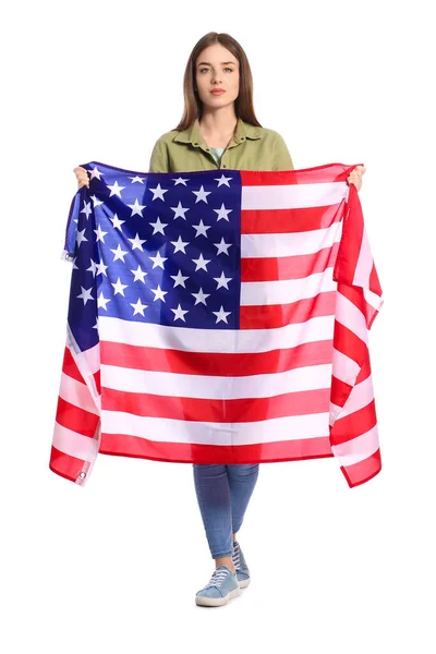 Jonge Vrouw Met Usa Vlag Witte Achtergrond Memorial Day Viering — Stockfoto