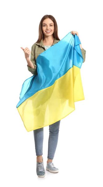 Krásná Mladá Žena Ukrajinskou Vlajkou Ukazující Palec Nahoru Bílém Pozadí — Stock fotografie