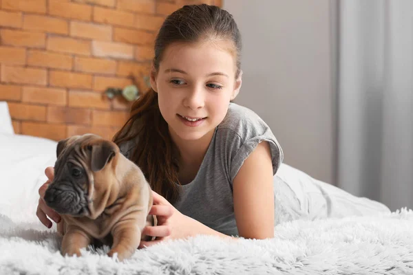 Cute Girl Puppy Home — Stock Photo, Image