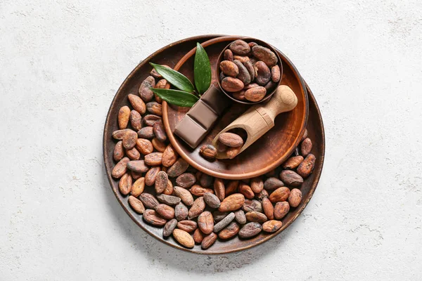 Bowls Cocoa Beans Chocolate Light Background — Stock Photo, Image