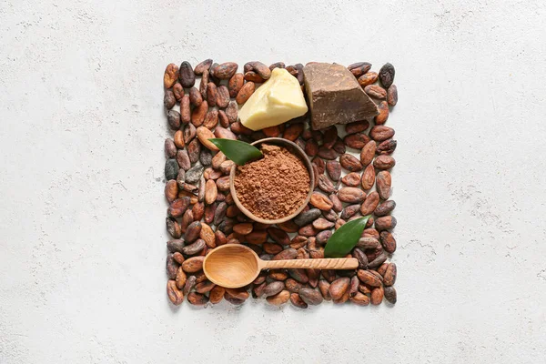 Cocoa Beans Powder Butter Light Background — Stock Photo, Image