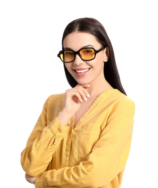 Hermosa Mujer Joven Con Gafas Sol Con Estilo Sobre Fondo — Foto de Stock