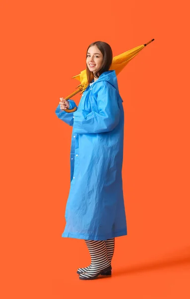 Stylish Young Woman Raincoat Umbrella Color Background — Stock Photo, Image