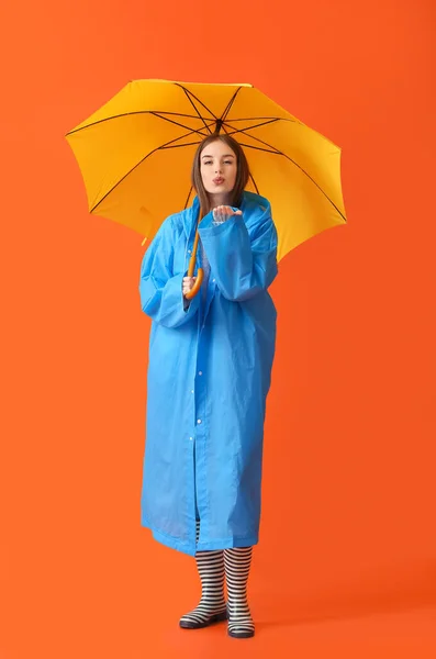 Stylish Young Woman Raincoat Umbrella Color Background — Stock Photo, Image