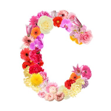 C harfi beyaz arkaplanda güzel çiçeklerden yapılmıştır.
