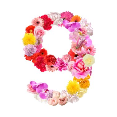 Beyaz arka planda güzel çiçeklerden yapılmış 9 figür