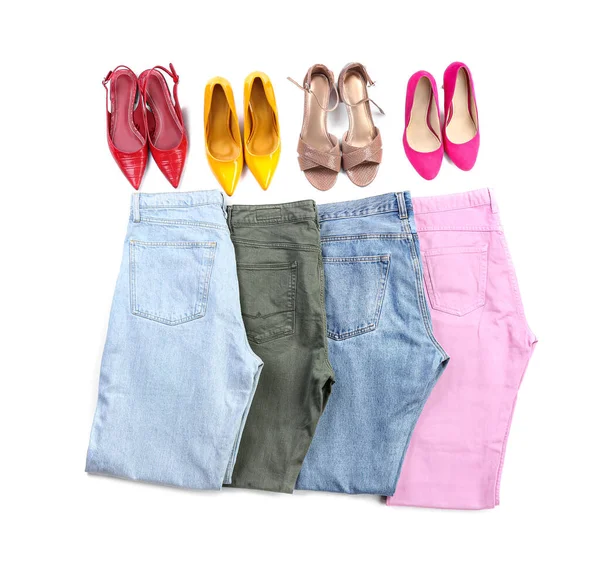 Different Shoes Jeans White Background — Stock Photo, Image