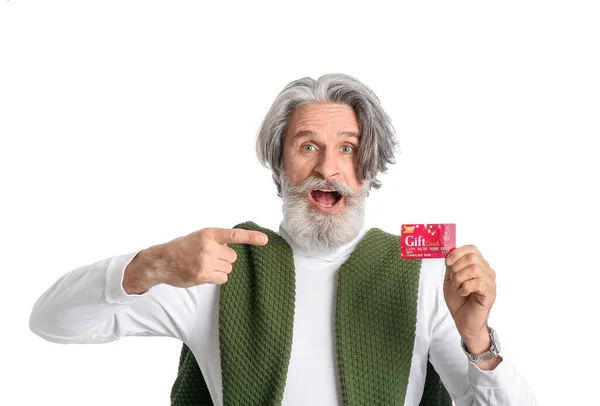 Senior Man Pointing Gift Card White Background — Stockfoto