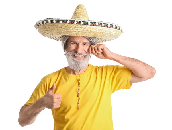 Senior Man Sombrero Hat Showing Thumb White Background — Stok fotoğraf