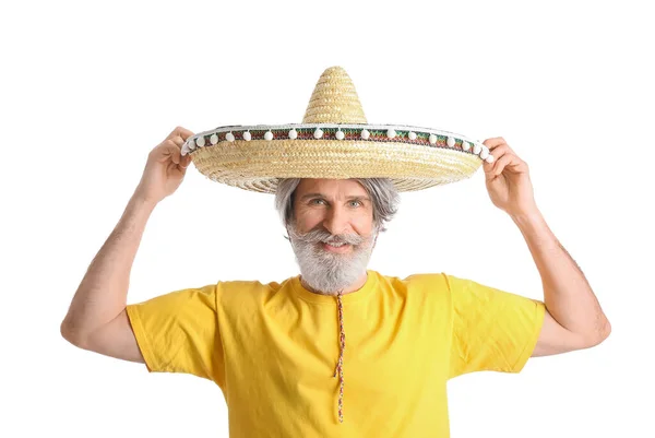 Senior Man Sombrero Hat White Background — Zdjęcie stockowe