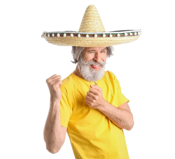 Senior Man Sombrero Hat White Background — Zdjęcie stockowe