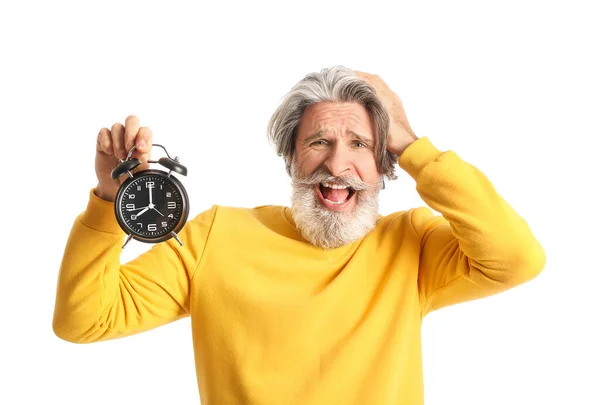 Displeased Senior Man Alarm Clock White Background — Stock Photo, Image