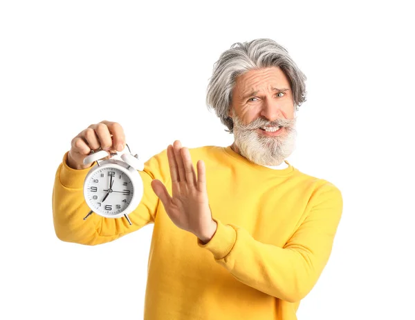 Displeased Senior Man Alarm Clock White Background — Stock Photo, Image