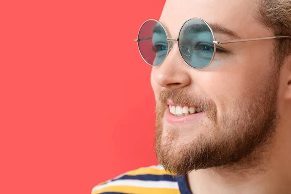 Young Man Stylish Sunglasses Color Background Closeup — Stock Photo, Image