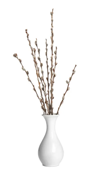 Vase Mit Weidenzweig Auf Weißem Hintergrund — Stockfoto