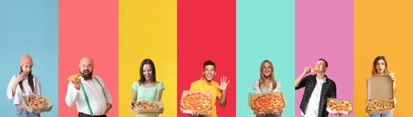 Gruppe Von Menschen Mit Leckerer Pizza Auf Farbigem Hintergrund — Stockfoto