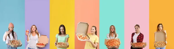 Grupo Mulheres Com Pizza Saborosa Fundo Cor — Fotografia de Stock