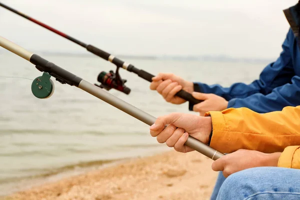 Father Son Fishing Together River Closeup — Stock Photo, Image