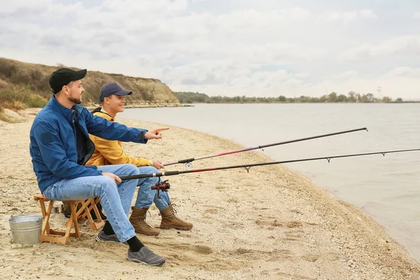 Father Son Fishing Together River — Stock Photo, Image