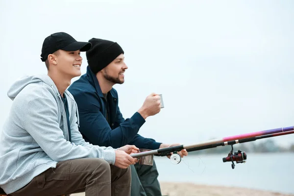 Father Son Fishing Together River — Stock Photo, Image