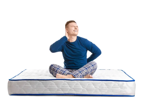 Young Man Suffering Pain Mattress White Background —  Fotos de Stock