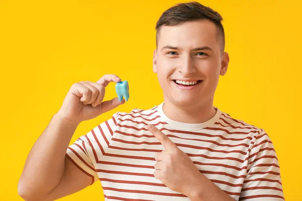 Young Man Plastic Tooth Color Background — Stock Photo, Image