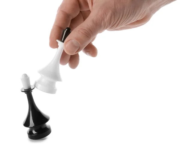 Ανδρικό Χέρι Πιόνια Σκάκι Λευκό Φόντο — Φωτογραφία Αρχείου