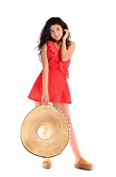 Junge Schöne Frau Mit Sombrero Hut Auf Weißem Hintergrund — Stockfoto