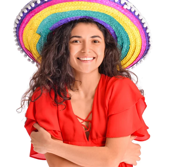 Giovane Bella Donna Cappello Sombrero Sfondo Bianco — Foto Stock