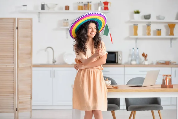 Young Beautiful Woman Sombrero Hat Mexican Flag Home — Foto de Stock