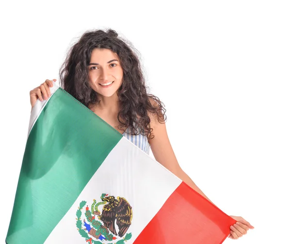Jeune Femme Avec Drapeau Mexicain Sur Fond Blanc — Photo