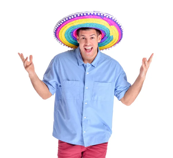 Spännande Stilig Man Sombrero Hatt Vit Bakgrund — Stockfoto