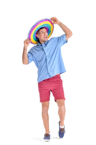 Schöner Mann Mit Sombrero Hut Auf Weißem Hintergrund — Stockfoto