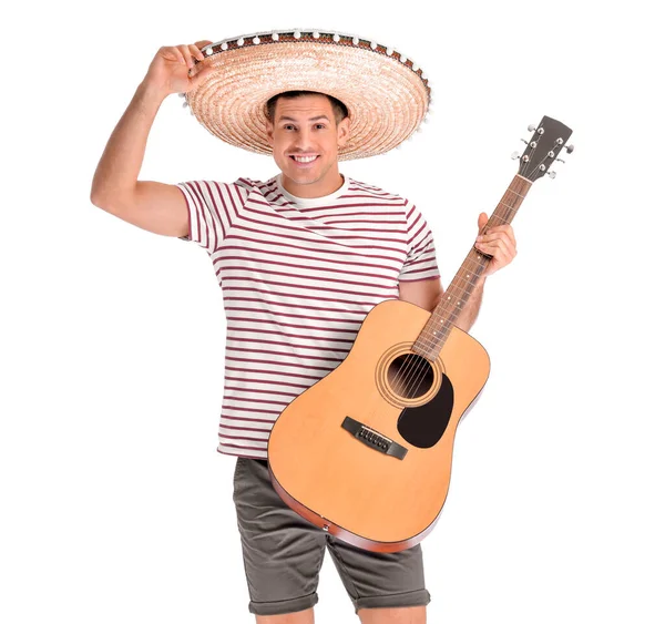 Bonito Homem Chapéu Sombrero Tocando Guitarra Fundo Branco — Fotografia de Stock