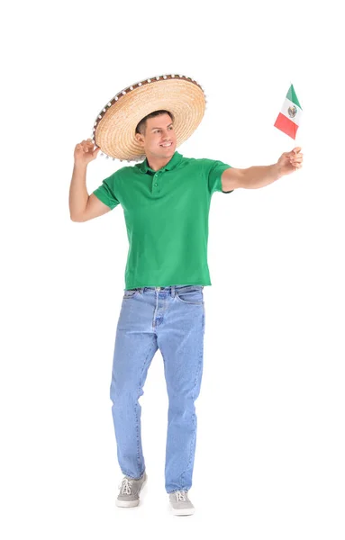 Bonito Homem Chapéu Sombrero Com Bandeira Mexicana Fundo Branco — Fotografia de Stock